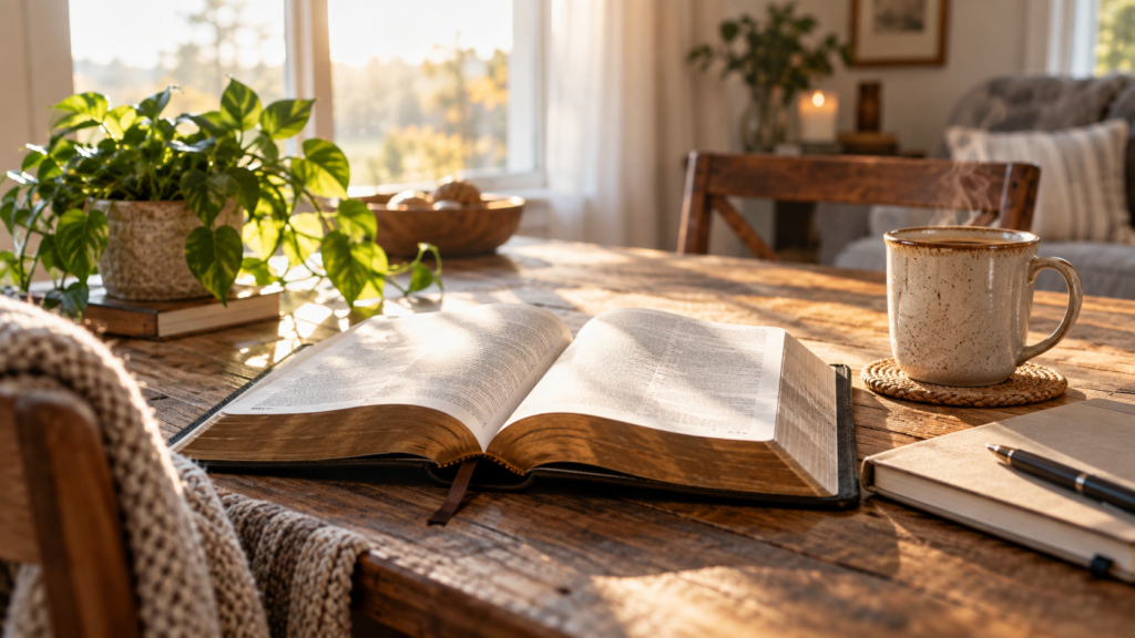 Open Bible and coffee representing gratitude on Tuesday