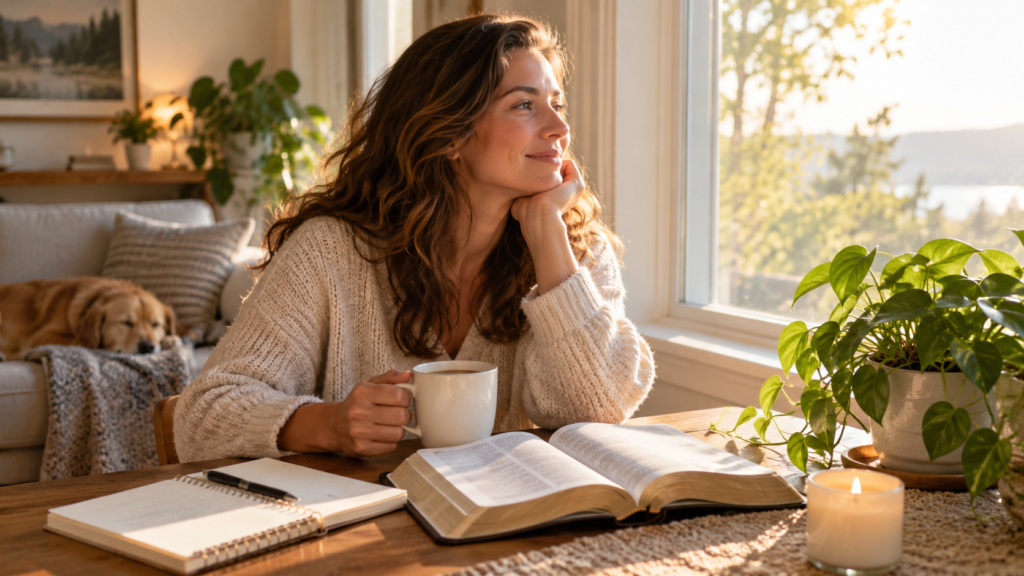 Peaceful Tuesday morning with Bible and coffee for gratitude