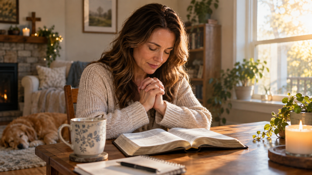 Person praying beside an open Bible on Tuesday morning