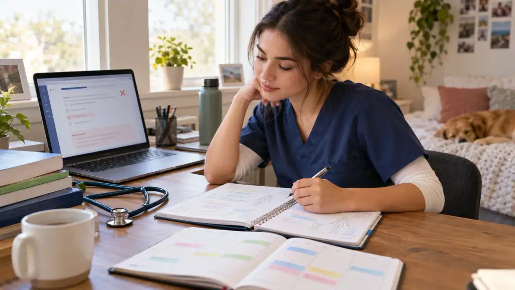 RN Fundamentals 7-Day Study Plan Nursing student reviewing a 7-day RN fundamentals study plan with practice questions, notes, and a stethoscope.