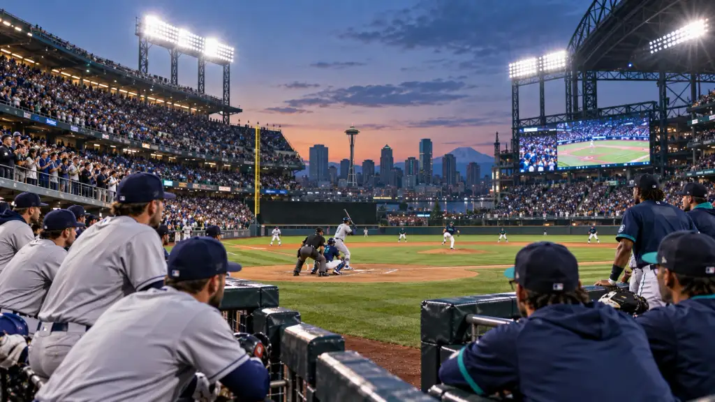 Tigers vs Mariners baseball matchup during a tense late-inning game in a packed stadium.
