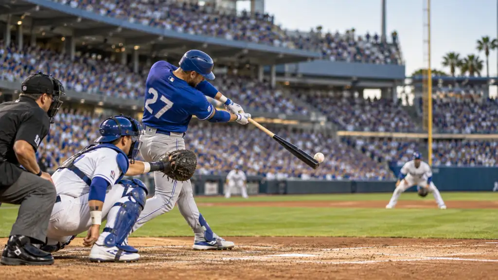 Blue Jays vs Dodgers baseball matchup with a batter making contact as the catcher and umpire react behind home plate.
