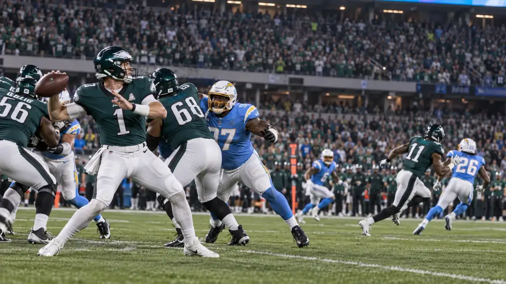 Eagles vs Chargers football game with a quarterback preparing to throw as defenders apply pressure. Eagles vs Chargers football game with a quarterback preparing to throw as defenders apply pressure.