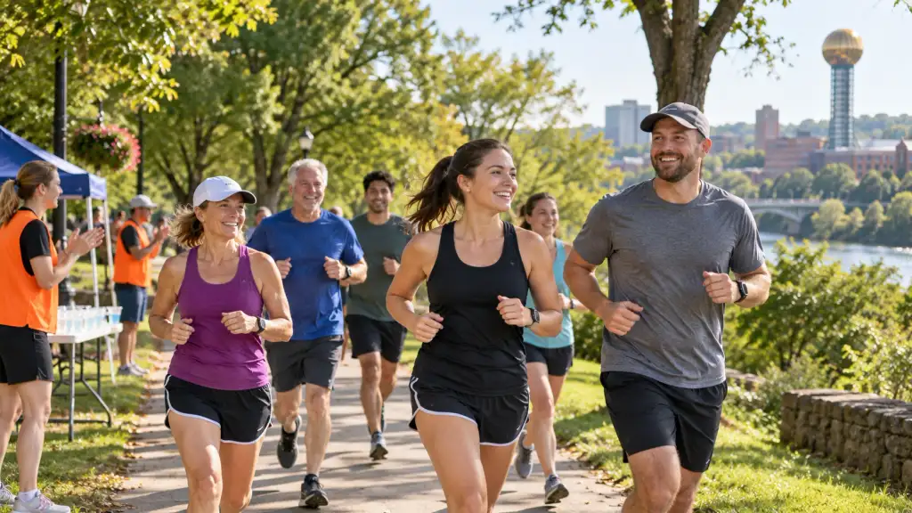 Recreational runners enjoying a community 5K event on a tree-lined trail in Knoxville, Tennessee.