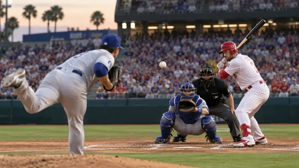 Dodgers vs Phillies Pitcher vs Batter Matchup Dodgers vs Phillies inspired pitcher-versus-batter matchup during an intense professional baseball game.
