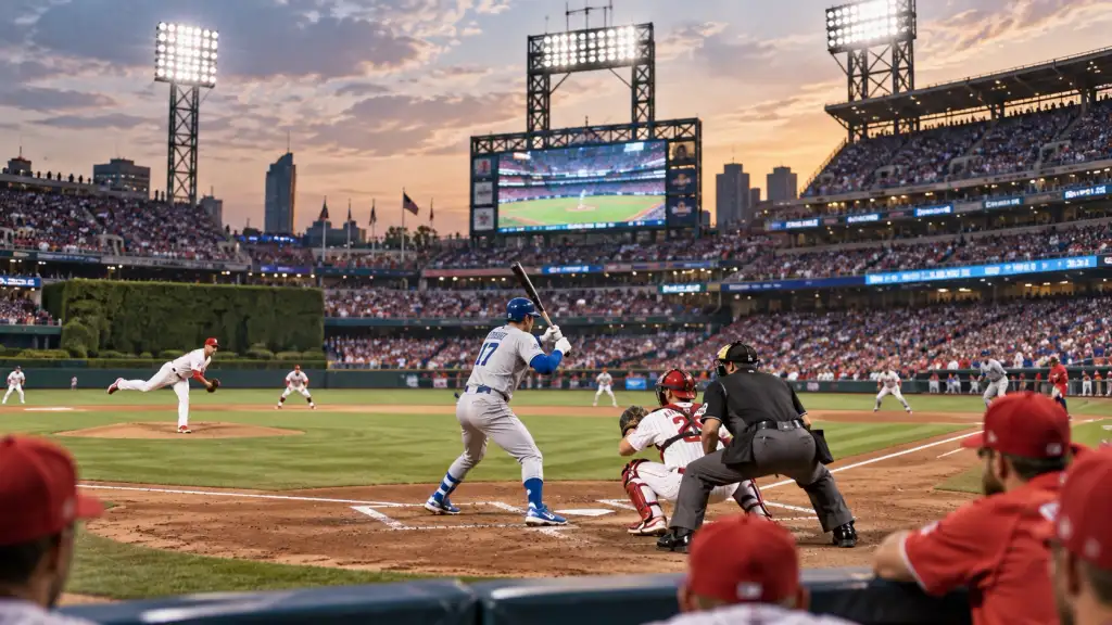Los Angeles vs Philadelphia Baseball Rivalry Los Angeles vs Philadelphia baseball rivalry with blue and red teams competing in a packed stadium.