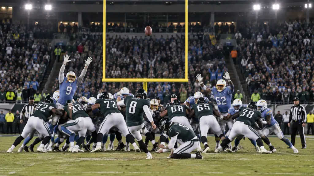 Eagles vs Chargers Overtime Field Goal Eagles vs Chargers-inspired overtime field goal attempt during a tense American football matchup.
