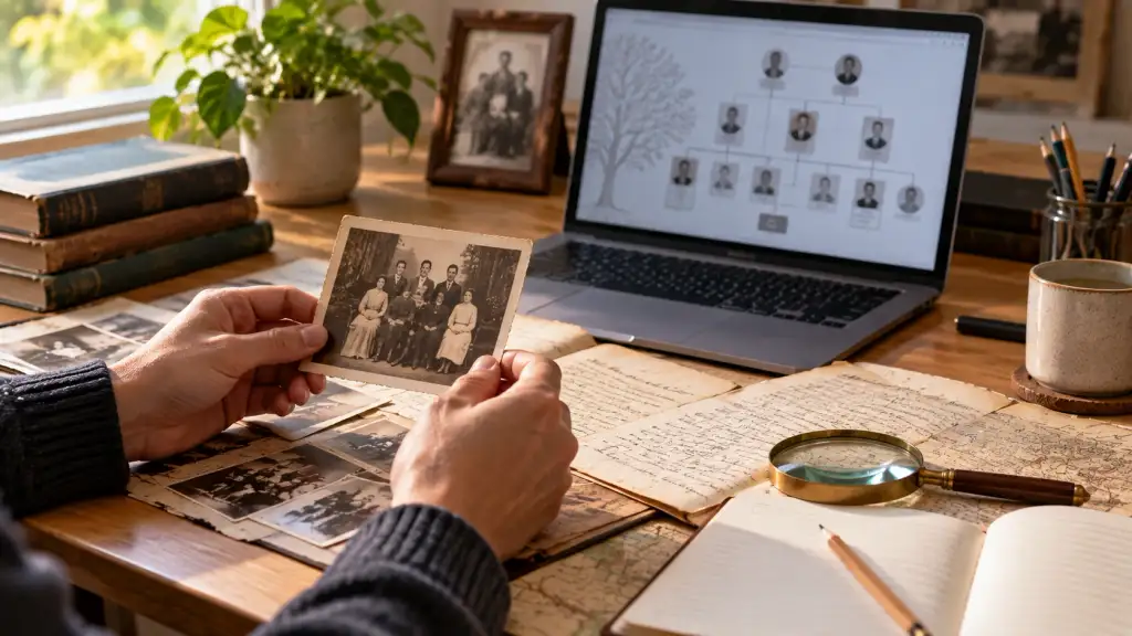 Hands examining an old family photograph and historical records beside a laptop displaying a genealogy family tree.