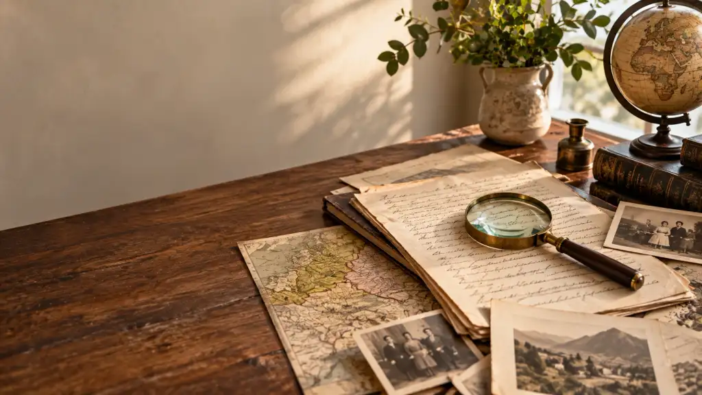 Vintage family records, an old European map, and a magnifying glass on a wooden desk, illustrating research into the Peitner surname and family history.