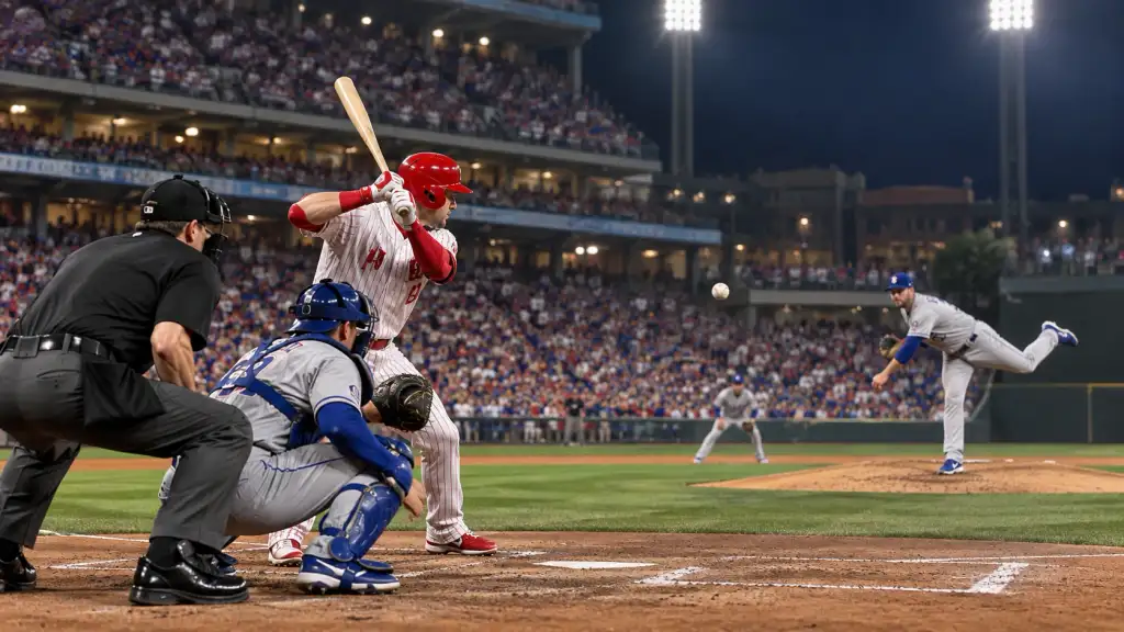 Phillies vs Dodgers Baseball Matchup Phillies vs Dodgers baseball matchup featuring a batter and pitcher during an intense night game.