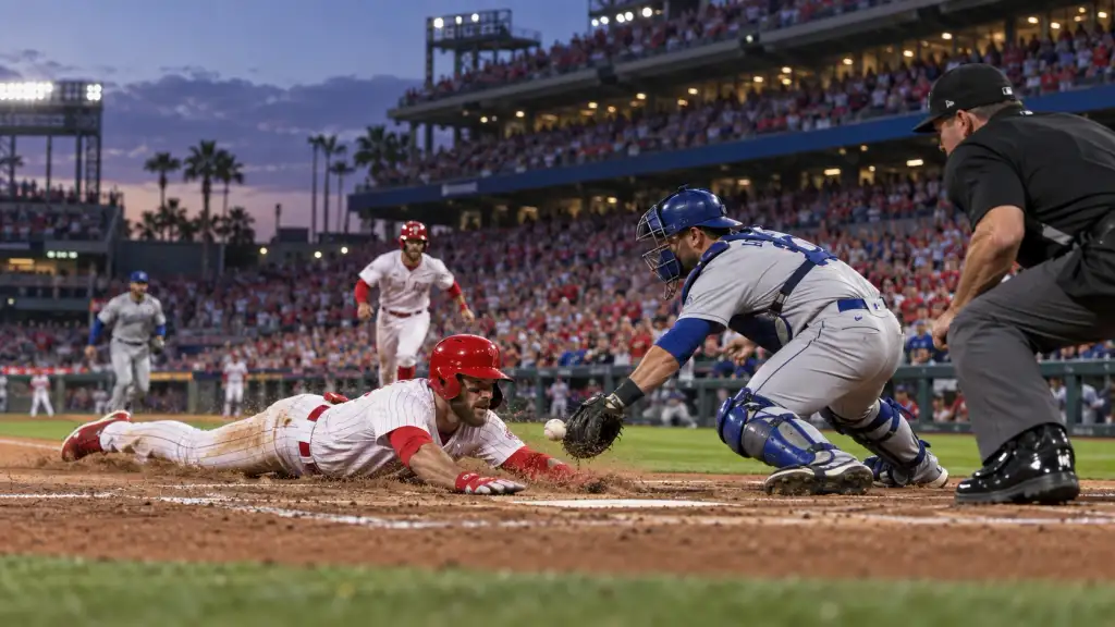 Phillies vs Dodgers Baseball Rivalry Game Phillies vs Dodgers baseball game with an exciting play at home plate