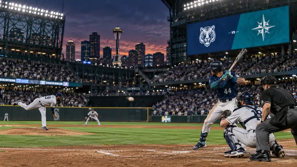 Tigers vs Mariners baseball game with pitcher and batter competing in a packed stadium.