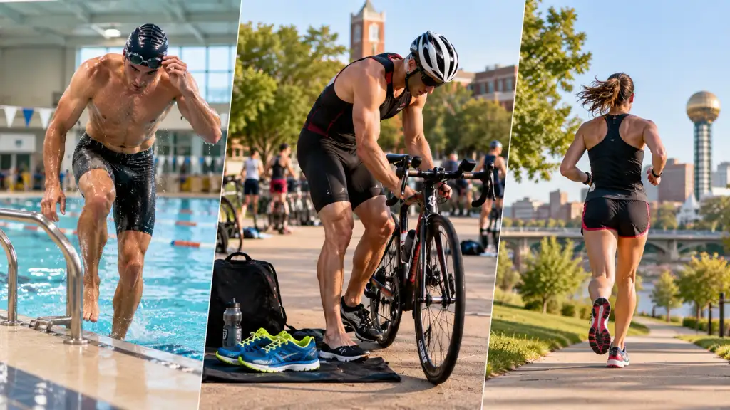 Athletes swimming, cycling, and running in a triathlon-themed scene representing the historic TriDeltathon charity event in Knoxville.