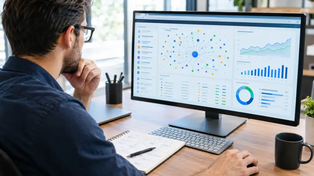 SEO professional analyzing backlinks and search visibility