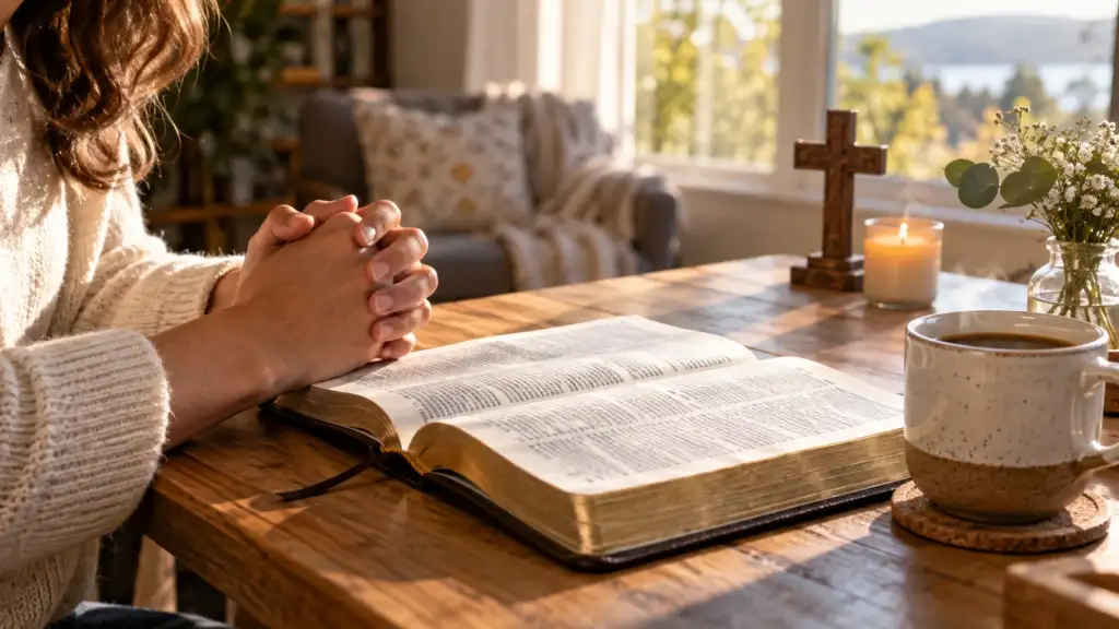 Afternoon prayer with open Bible in peaceful afternoon light