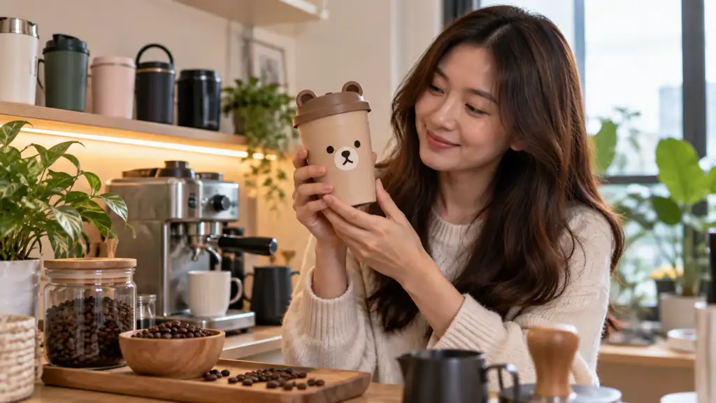 Coffee merchandise collector displaying a cute bear-themed reusable cup at a cozy home coffee station.