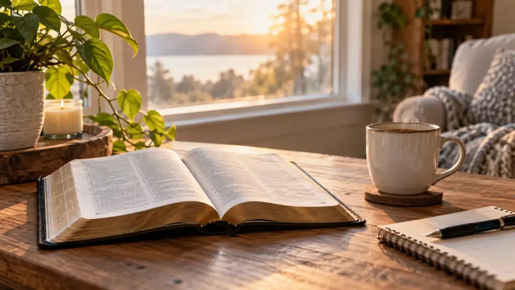 Bible open during peaceful morning devotion with coffee