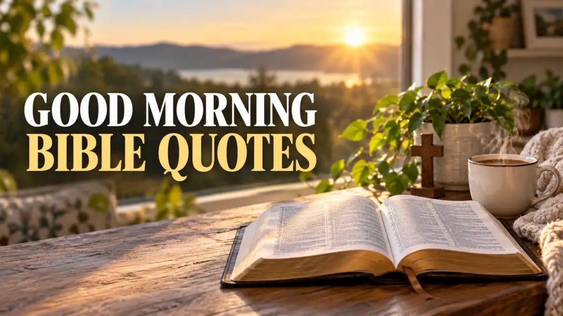 Good morning Bible quotes with open Bible at sunrise