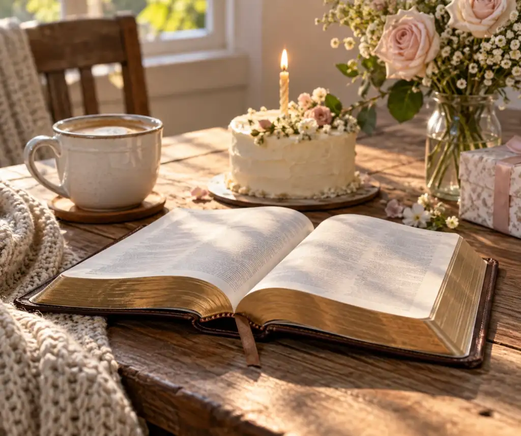 Open Bible and birthday cake for a birthday blessing