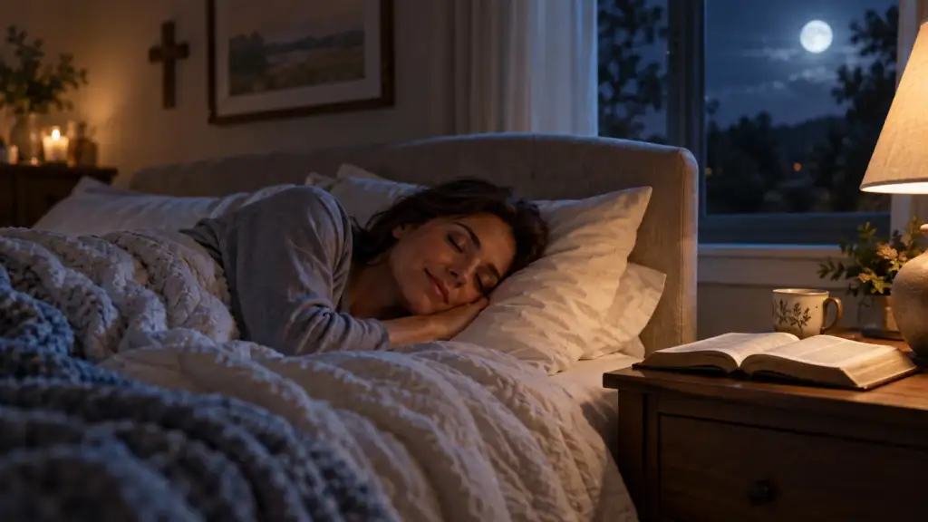 Person resting peacefully after reading Bible verses before bed