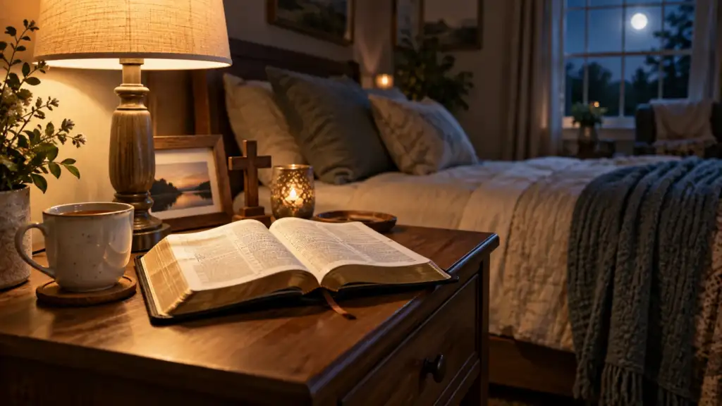 Bible verses to read before bed beside a warm bedside lamp