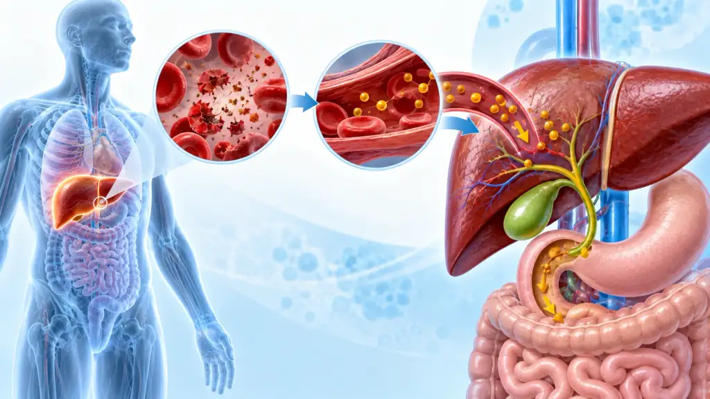 Medical illustration showing bilirubin formation from red blood cell breakdown and transport to the liver