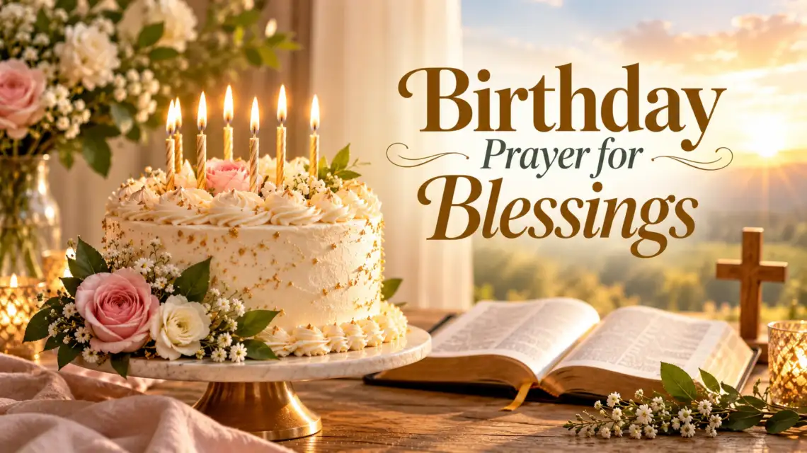 Heartfelt birthday prayer beside a Bible and birthday cake