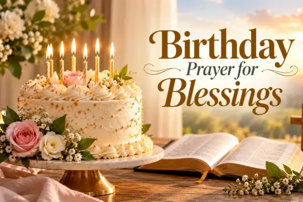 Heartfelt birthday prayer beside a Bible and birthday cake