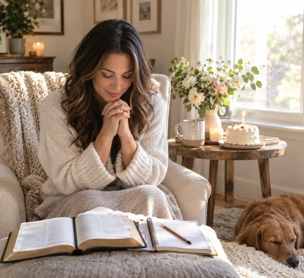 Person praying with Bible on their birthday