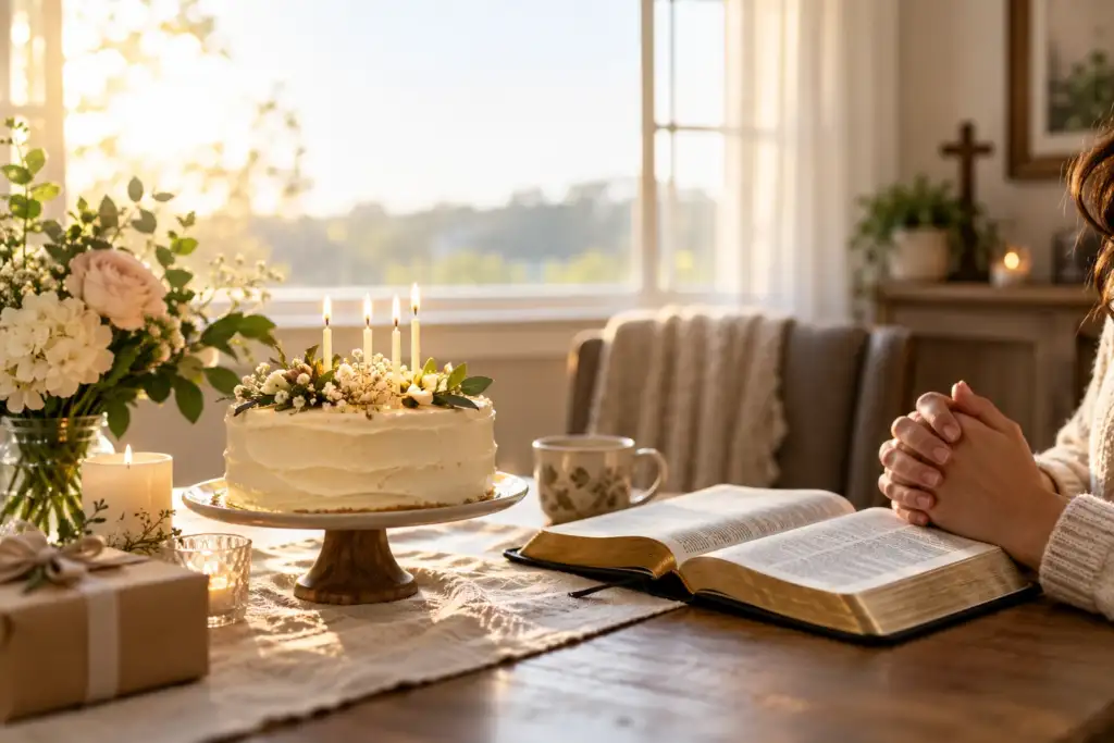 Heartfelt birthday prayer beside a Bible and birthday cake
