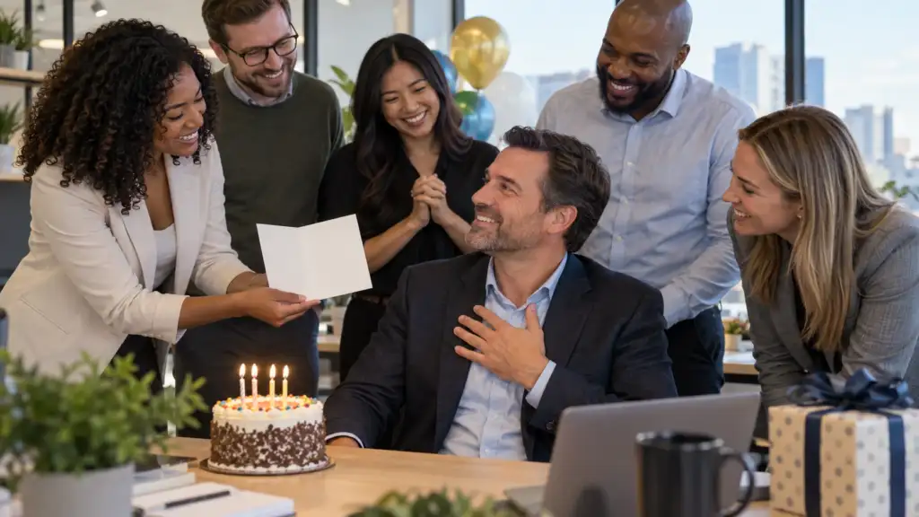 Birthday wishes for boss from team in a workplace celebration