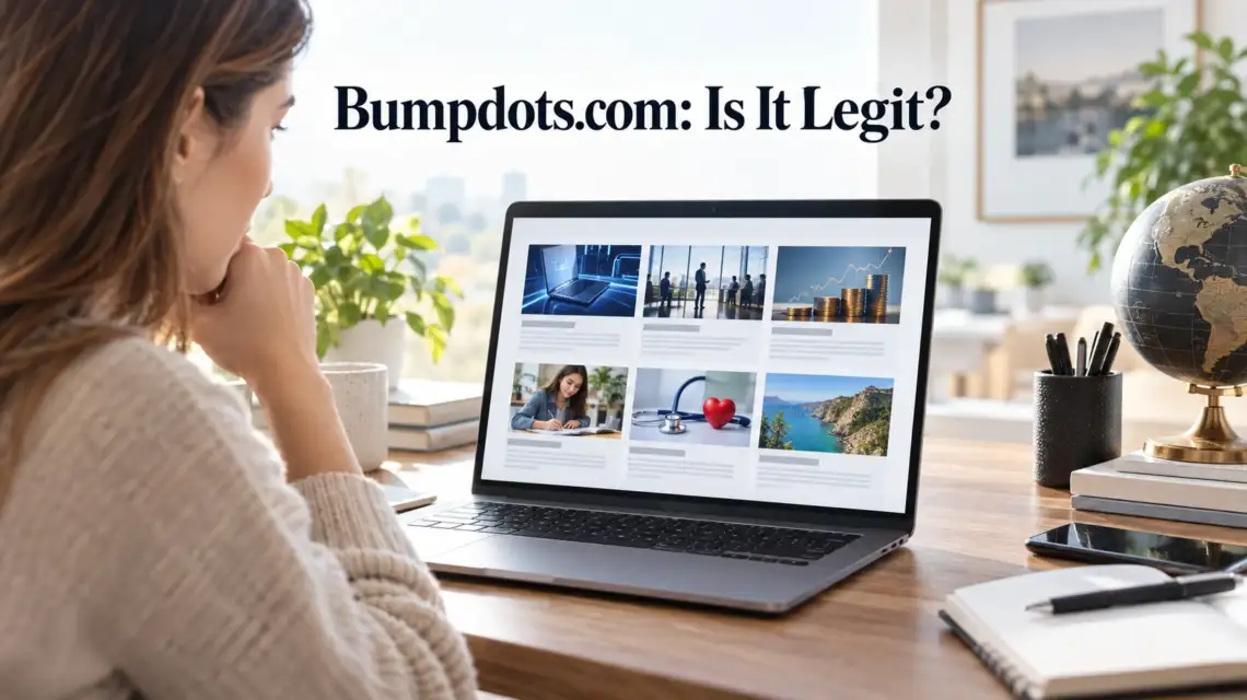 Bumpdots.com legitimacy review showing a reader exploring the website on a laptop