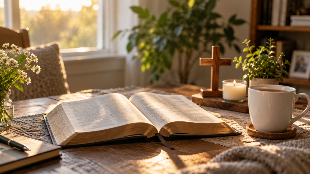 Christian Monday blessings and prayer with an open Bible