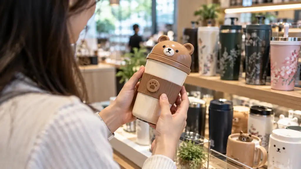 Shopper examining a cute bear-shaped collectible coffee cup at a modern café merchandise counter.