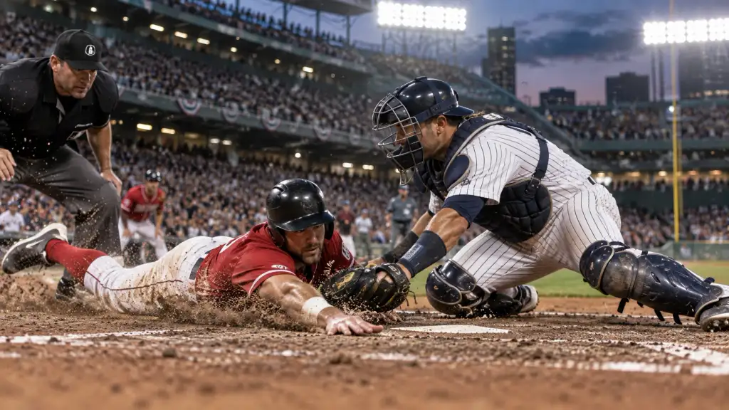 Boston vs New York-inspired baseball rivalry with a dramatic close play and tag attempt at home plate.