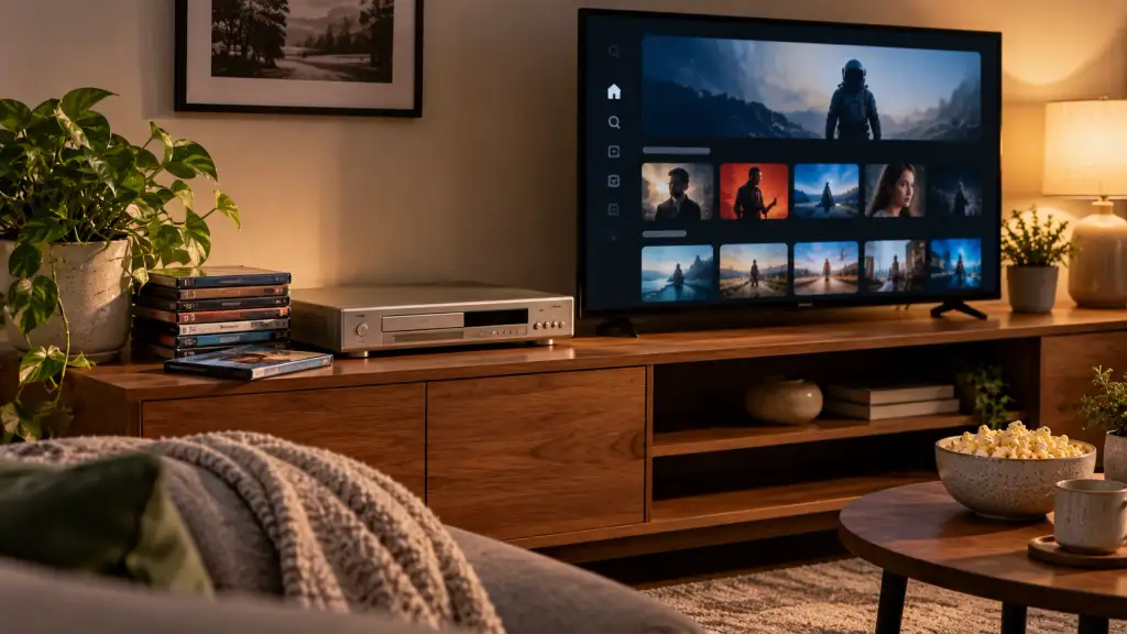 Evolution of Home Entertainment Vintage DVD player and DVD collection beside a modern television showing a generic streaming interface in a cozy living room.