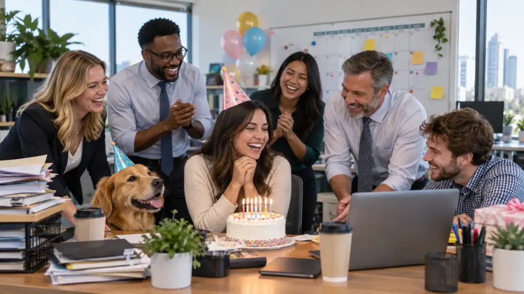 Funny birthday greeting for boss with coworkers celebrating at the office