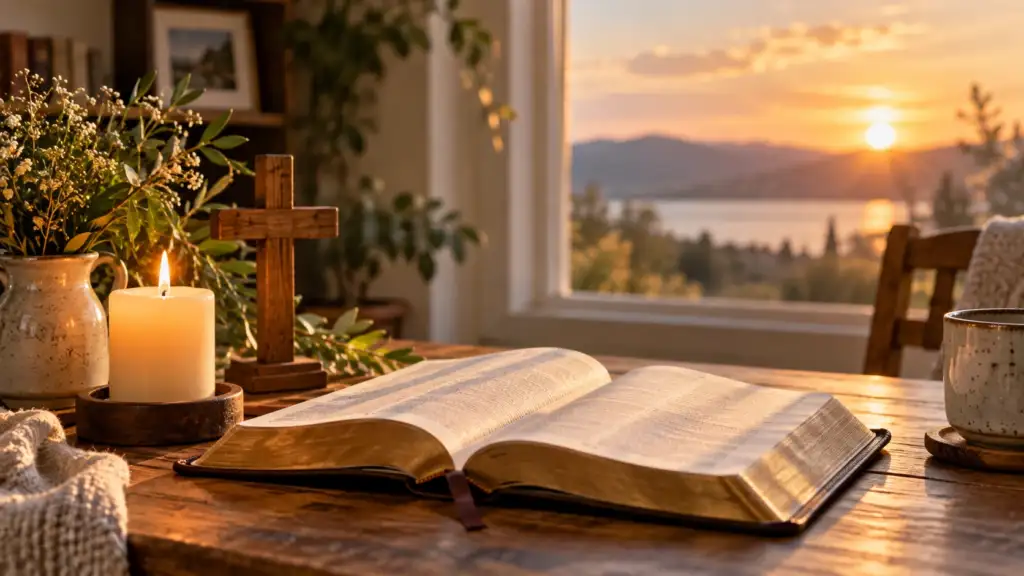 Open Bible and candle representing a peaceful good afternoon prayer