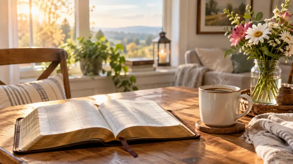 Good morning Monday blessing with Bible and coffee