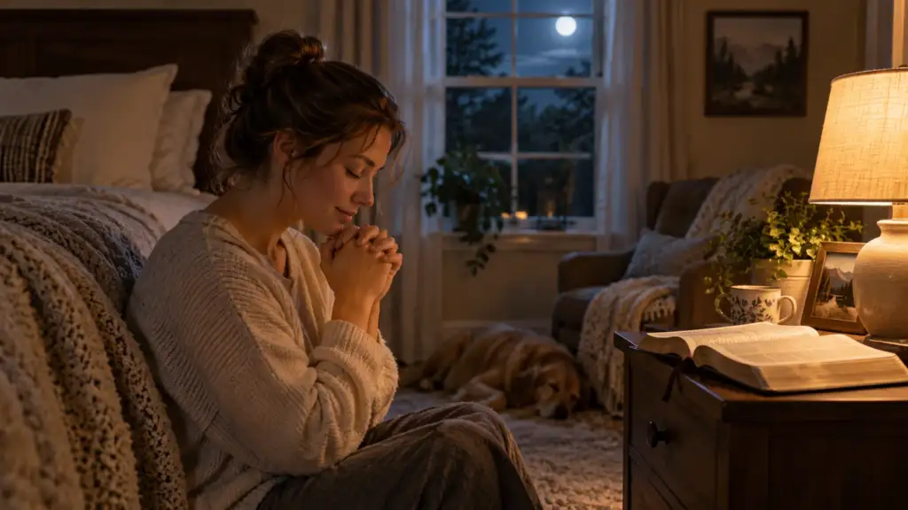 Christian praying beside an open Bible before going to sleep