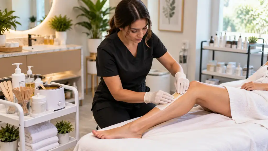 Professional Waxing Treatment Professional waxing specialist performing a lower leg waxing treatment in a clean modern beauty studio.