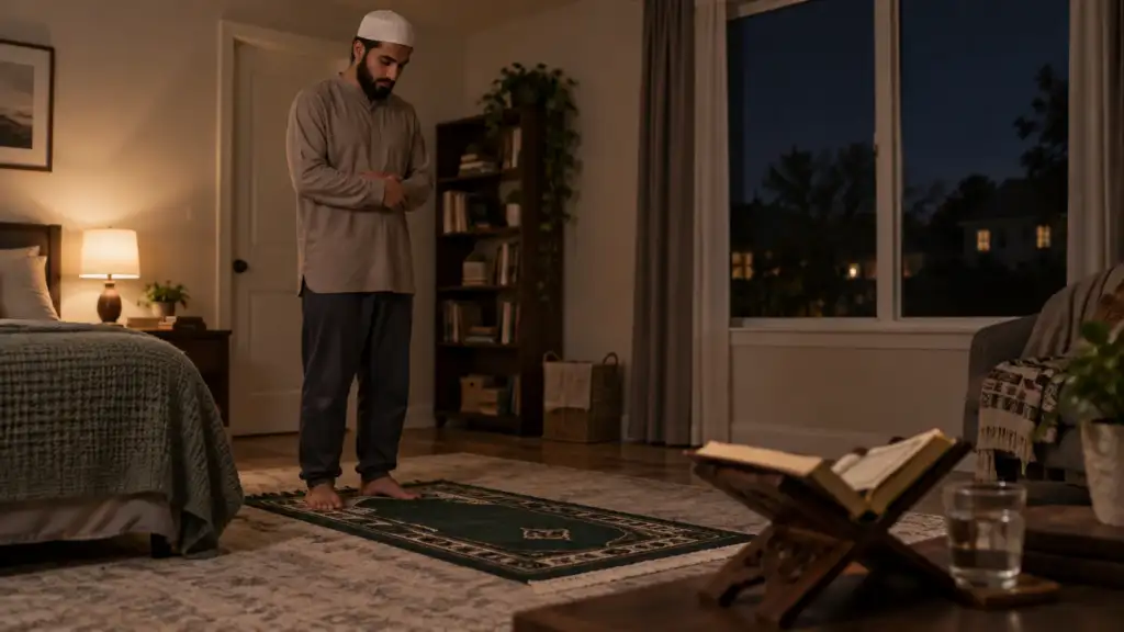 Muslim man praying night salah at home step by step