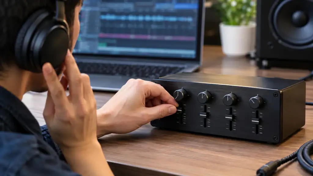 Person adjusting a quad equalizer while listening through headphones