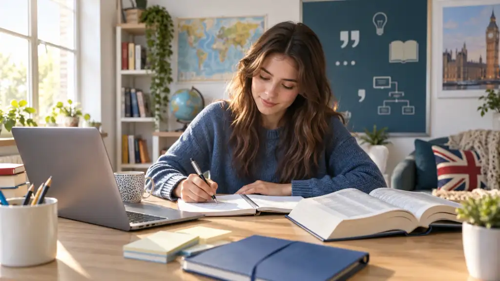 English Grammar and Language Learning Student studying English grammar and language learning at a modern desk