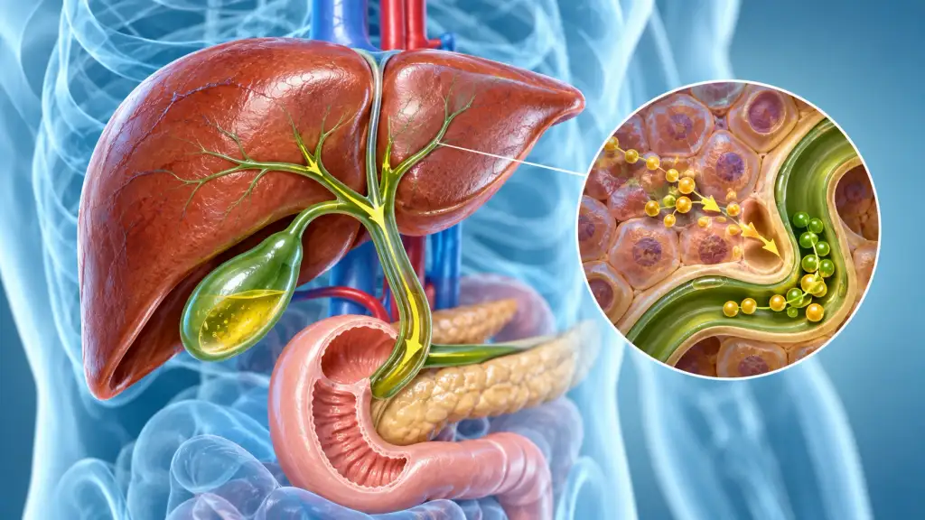 Medical illustration showing how the liver processes bilirubin and removes it through the bile system
