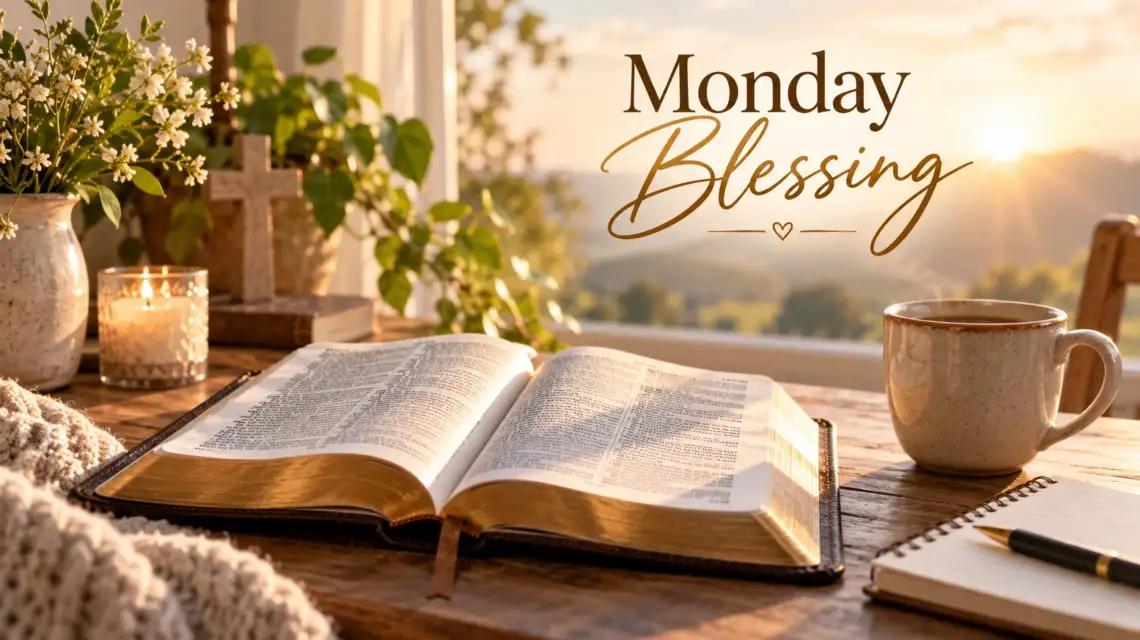 Monday blessing with Bible and morning coffee