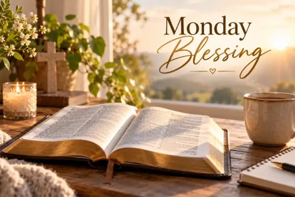 Monday blessing with Bible and morning coffee