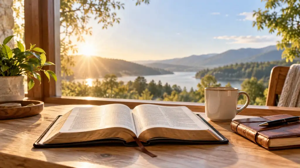 Open Bible in peaceful morning setting representing strength peace and hope