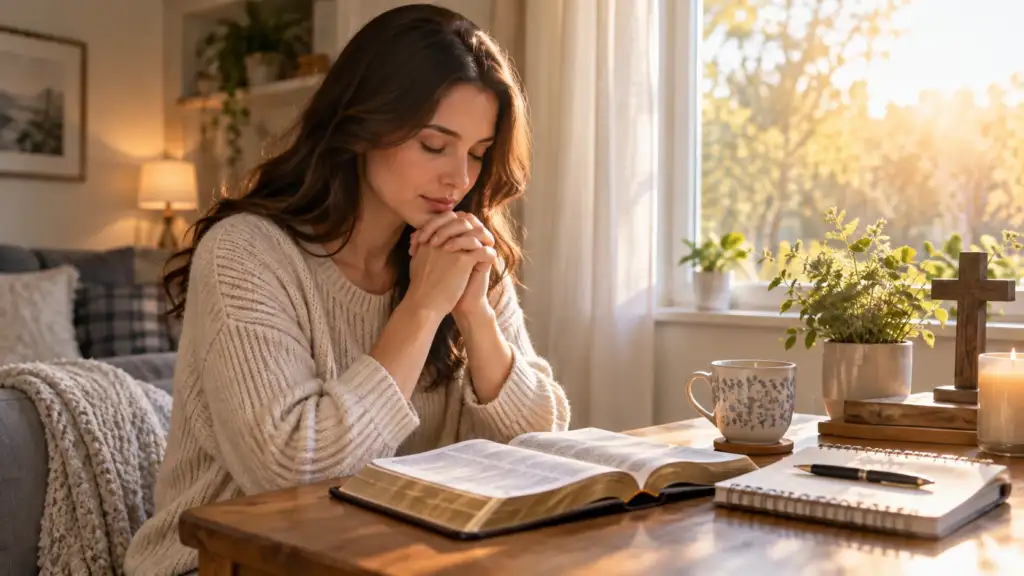 Christian woman praying beside an open Bible in the morning