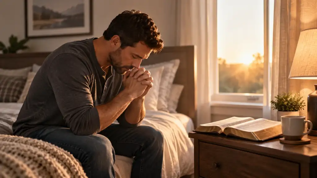 Husband praying beside an open Bible in the morning